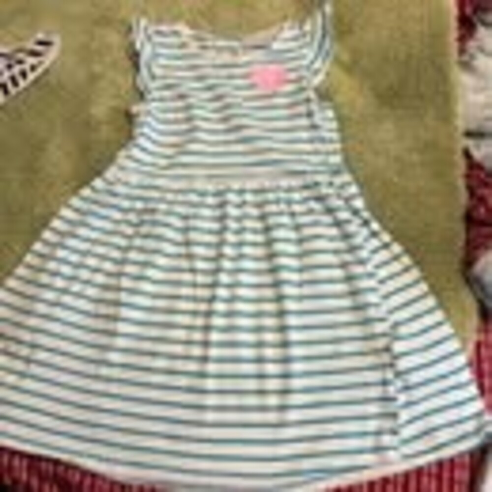 H&M Girls 6-8Y Organic Cotton Striped Dress Blue White Pink Heart - Kids